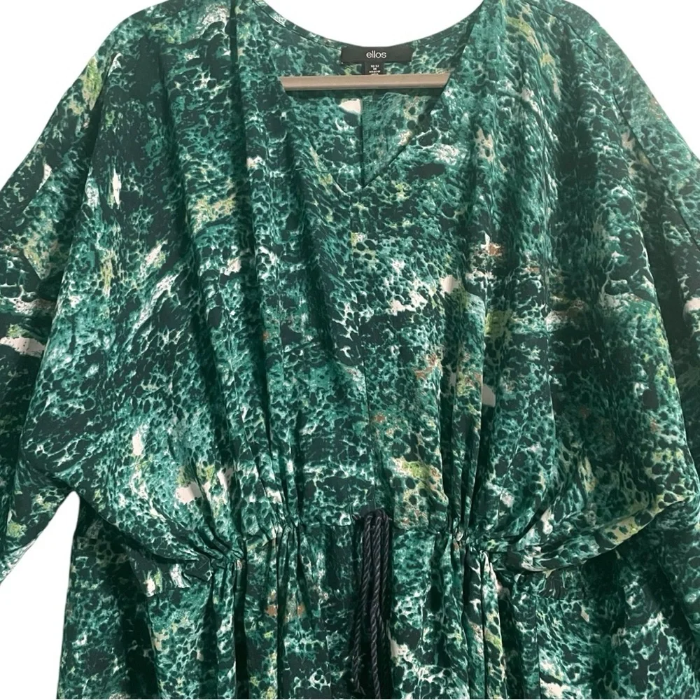 ON SALE⭐️ Ellos tunic top green pattern V neck dropped sleeves drawstring waist - Picture 4 of 16
